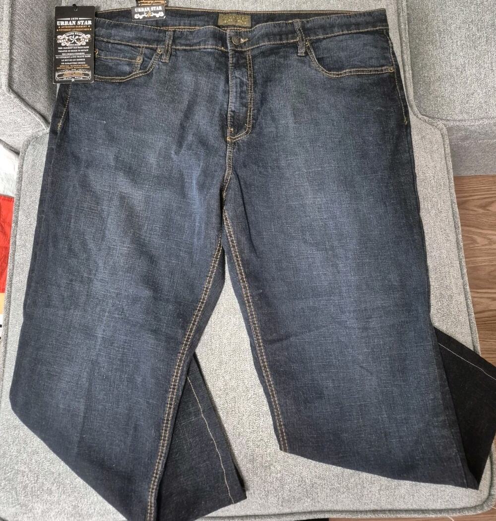 Men's Urban Star Jeans 44x30 Midnight Blue Dark Wash, Relaxed Fit, Straight Leg